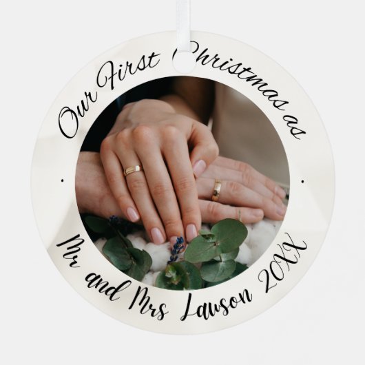 2 Foto Onze Eerste Kerstmis Getrouwd Faux Ornament (Achterkant)