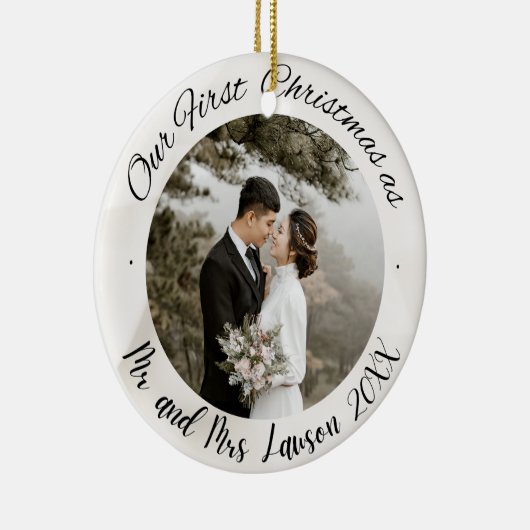 2 Foto Onze Eerste Kerstmis Getrouwd Faux Ornament (Rechts)