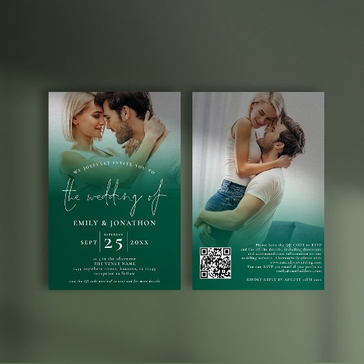 2 foto overlay script QR Emerald Green bruiloft Kaart