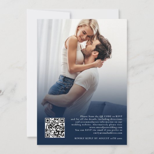 2 foto overlay script QR marine wit bruiloft Kaart (Achterkant)