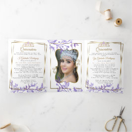 2 Foto Paarse gebladerte Mis Quince Años Drieluik Uitnodiging