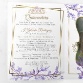 2 Foto Paarse gebladerte Mis Quince Años Drieluik Uitnodiging (Binnenzijde eerst)