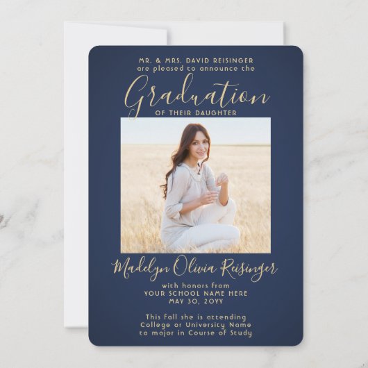 2 Foto Parents Congrates Navy Blue Gold Afstuderen Aankondiging (Achterkant)