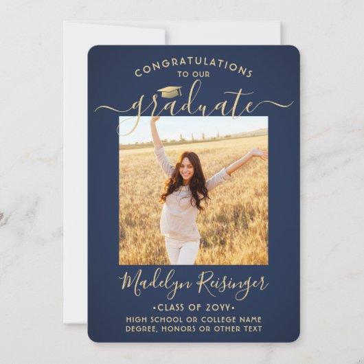 2 Foto Parents Congrates Navy Blue Gold Afstuderen Aankondiging (Voorkant)