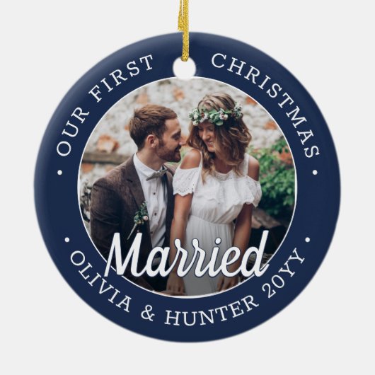 2 Foto Passen getrouwd 1e Kerstmis gehuwd marinenb Keramisch Ornament (Achterkant)