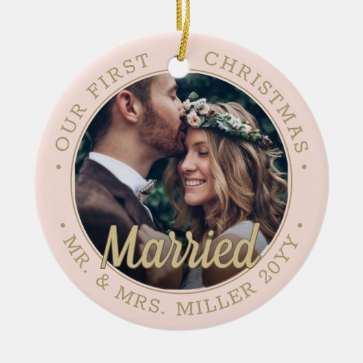 2 Foto Passen getrouwd 1e Kerstmis gehuwd met Blus Keramisch Ornament (Voorkant)