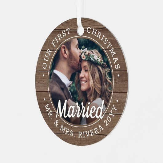 2 Foto Passen getrouwd 1e Kerstmis gehuwd met Faux Metalen Ornament (Voorkant links)