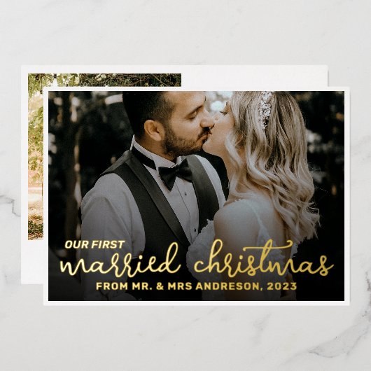 2 Foto Passen getrouwd 1st gehuwd kerstscript Folie Feestdagenkaart (Voorkant / Achterkant)
