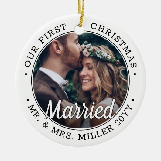 2 Foto Passen getrouwd 1st Xmas gehuwd zwart-wit Keramisch Ornament (Voorkant)
