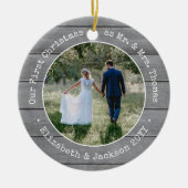 2 Foto Passen getrouwd Eerste Kerstmis Faux Grijze Keramisch Ornament (Voorkant)