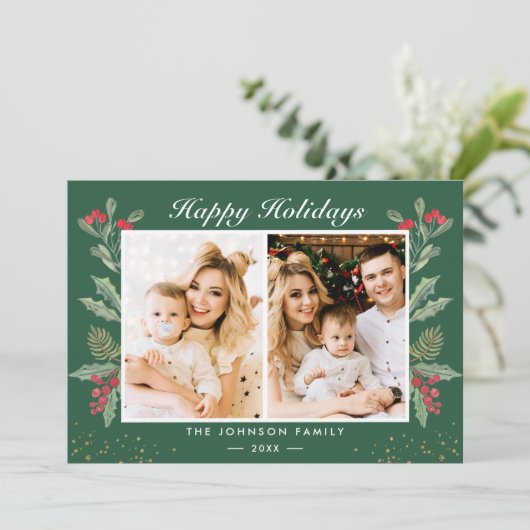 2 Foto Prettige feestdagen Holly Berries Kerstfees Feestdagenkaart (Staand voorkant)