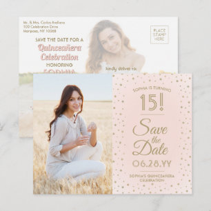 2 Foto Quinceanera Blush Pink Gold Save the Date Uitnodiging Briefkaart