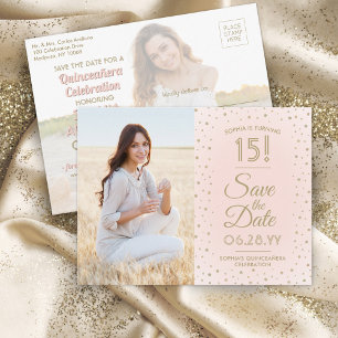 2 Foto Quinceanera Blush Pink Gold Save the Date Uitnodiging Briefkaart