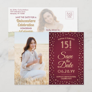 2 Foto Quinceanera Burgundy Gold Save the Date Uitnodiging Briefkaart