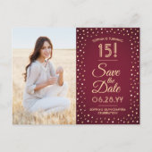 2 Foto Quinceanera Burgundy Gold Save the Date Uitnodiging Briefkaart (Voorkant)