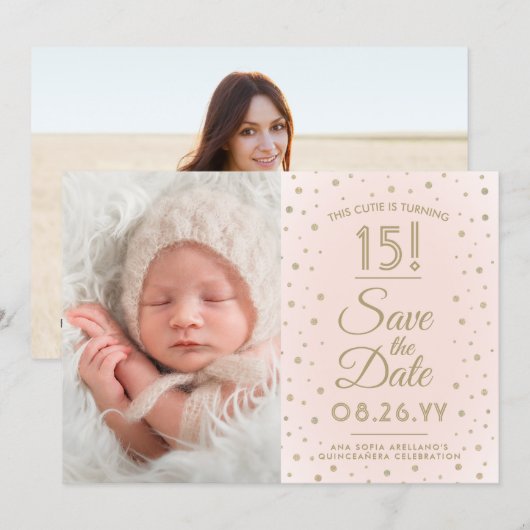2 Foto Quinceanera Chic Blush Pink Gold Glitter Save The Date (Voorkant / Achterkant)