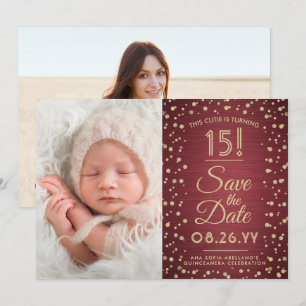 2 Foto Quinceanera Elegant Burgundy Gold Glitter Save The Date