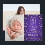 2 Foto Quinceanera Elegant Paars Gold Glitter Save The Date<br><div class="desc">Tijd vliegt! Nodig familie en vrienden uit voor een elegant Quinceañera-feest voor haar met deze stijlvolle 2 foto's paars en goud 3, 5 x5 behalve de date uitnodiging. (AFBEELDING PLACEMENT TIP: Een gemakkelijke manier om een foto precies te centreren hoe u wilt is het te bebouwen alvorens aan de website...</div>