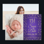2 Foto Quinceanera Elegant Paars Gold Glitter Save The Date<br><div class="desc">Tijd vliegt! Nodig familie en vrienden uit voor een elegant Quinceañera-feest voor haar met deze stijlvolle 2 foto's paars en goud 3, 5 x5 behalve de date uitnodiging. (AFBEELDING PLACEMENT TIP: Een gemakkelijke manier om een foto precies te centreren hoe u wilt is het te bebouwen alvorens aan de website...</div>