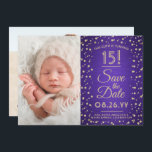 2 Foto Quinceanera Elegant Paars Gold Glitter Save The Date<br><div class="desc">Tijd vliegt! Nodig familie en vrienden uit voor een elegant Quinceañera-feest voor haar met deze stijlvolle 2 foto's paars en goud 3, 5 x5 behalve de date uitnodiging. (AFBEELDING PLACEMENT TIP: Een gemakkelijke manier om een foto precies te centreren hoe u wilt is het te bebouwen alvorens aan de website...</div>