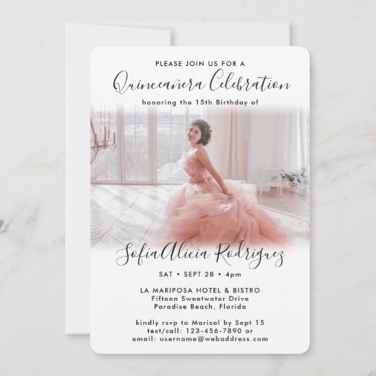 2 Foto Quinceanera Elegant Script 15th Birthday Kaart (Achterkant)