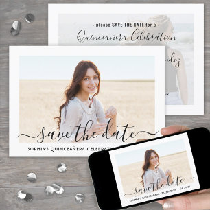 2 Foto Quinceanera Elegant Script 15th Birthday Save The Date