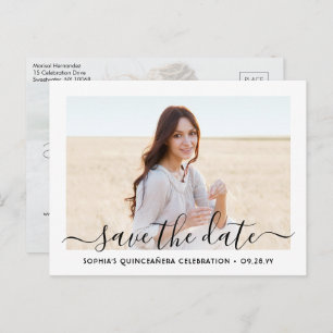 2 Foto Quinceanera Elegant Script Save the Date Aankondigingskaart