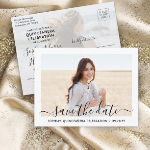 2 Foto Quinceanera Elegant Script Save the Date Aankondigingskaart
