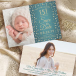 2 Foto Quinceanera Elegant Turkoois Goud Glitters Save The Date<br><div class="desc">Tijd vliegt! Nodig familie en vrienden uit voor een elegante Quinceañera viering met deze stijlvolle 2 foto's turquoise en zacht gouden 3.5"x5" save the date uitnodiging. (TIP VOOR AFBEELDING: Een gemakkelijke manier om een foto precies te centreren zoals je wilt is door deze bij te snijden voordat je hem uploadt...</div>