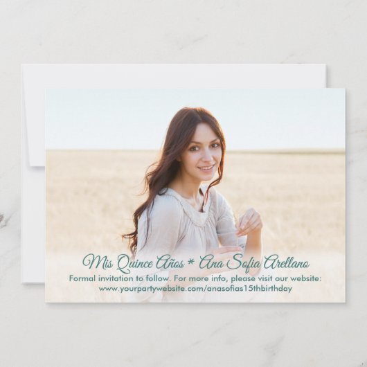 2 Foto Quinceanera Elegant Turkoois Goud Glitters Save The Date (Achterkant)