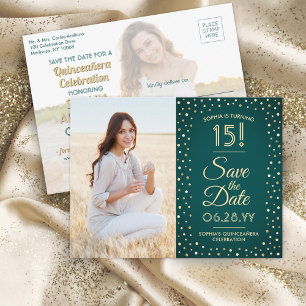 2 Foto Quinceanera Green en Gold Save the Date Uitnodiging Briefkaart