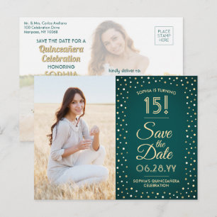 2 Foto Quinceanera Green en Gold Save the Date Uitnodiging Briefkaart