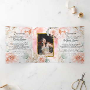 2 Foto Quinceanera Nederlands Spaans Koraal Roos Drieluik Uitnodiging