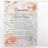 2 Foto Quinceanera Nederlands Spaans Koraal Roos Drieluik Uitnodiging (Binnenzijde eerst)