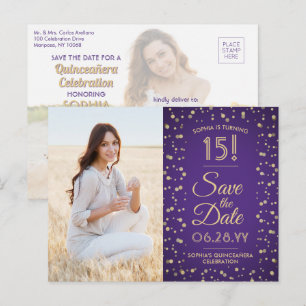 2 Foto Quinceanera Paars en Gold Save the Date Uitnodiging Briefkaart