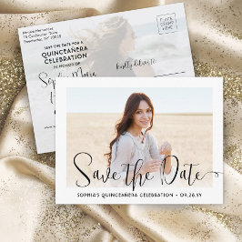 2 Foto Quinceañera Trendy Script Save the Date Aankondigingskaart