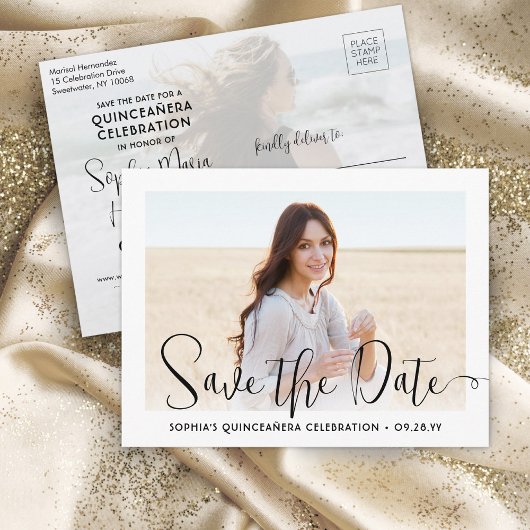 2 Foto Quinceañera Trendy Script Save the Date Aankondigingskaart