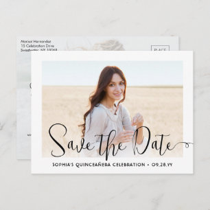 2 Foto Quinceañera Trendy Script Save the Date Aankondigingskaart