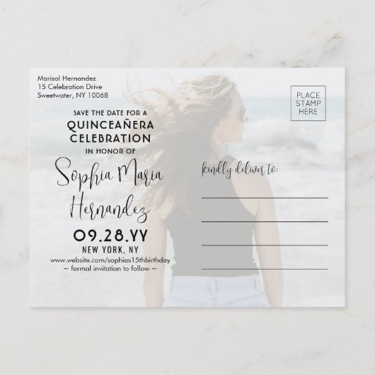 2 Foto Quinceañera Trendy Script Save the Date Aankondigingskaart (Achterkant)