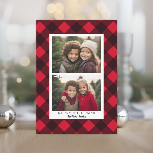 2 Foto Red Black Buffalo plaid - Merry Kerstmis Feestdagenkaart