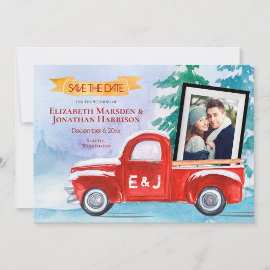 2 Foto  Red Truck Winter Kerstmis Save The Date (Voorkant)