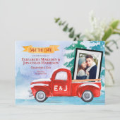 2 Foto  Red Truck Winter Kerstmis Save The Date (Staand voorkant)