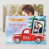 2 Foto  Red Truck Winter Kerstmis Save The Date (Voorkant / Achterkant)