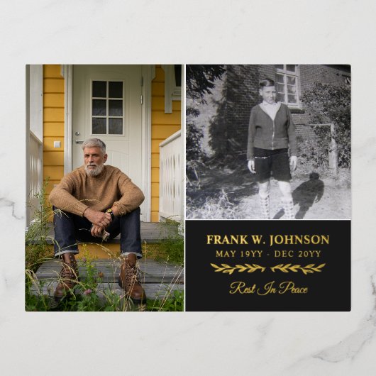 2 Foto Rest in Peace Funeral Gold Folie Uitnodiging Briefkaart (Voorkant)