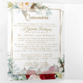 2 Foto Rode Pioenroos Mis Quince Años Drie-Voudige Drieluik Uitnodiging (Binnenzijde eerst)