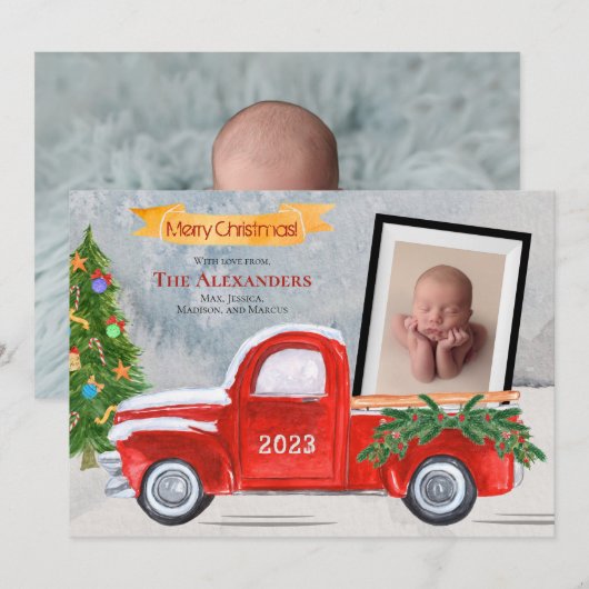 2 Foto  rode vrachtwagen Baby of Familie Foto Feestdagenkaart (Voorkant / Achterkant)