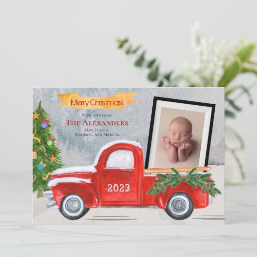2 Foto  rode vrachtwagen Baby of Familie Foto Feestdagenkaart (Staand voorkant)