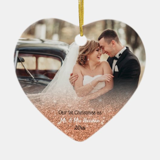 2 Foto Roos Gold Eerste Kerstmis Mr. Mrs. Keramisch Ornament (Voorkant)