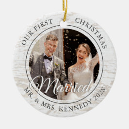 2 Foto Rustic First Kerstman Married White Wood Keramisch Ornament