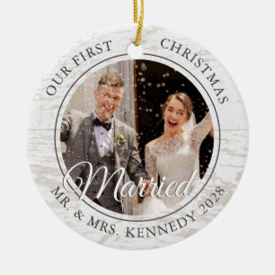 2 Foto Rustic First Kerstman Married White Wood Keramisch Ornament